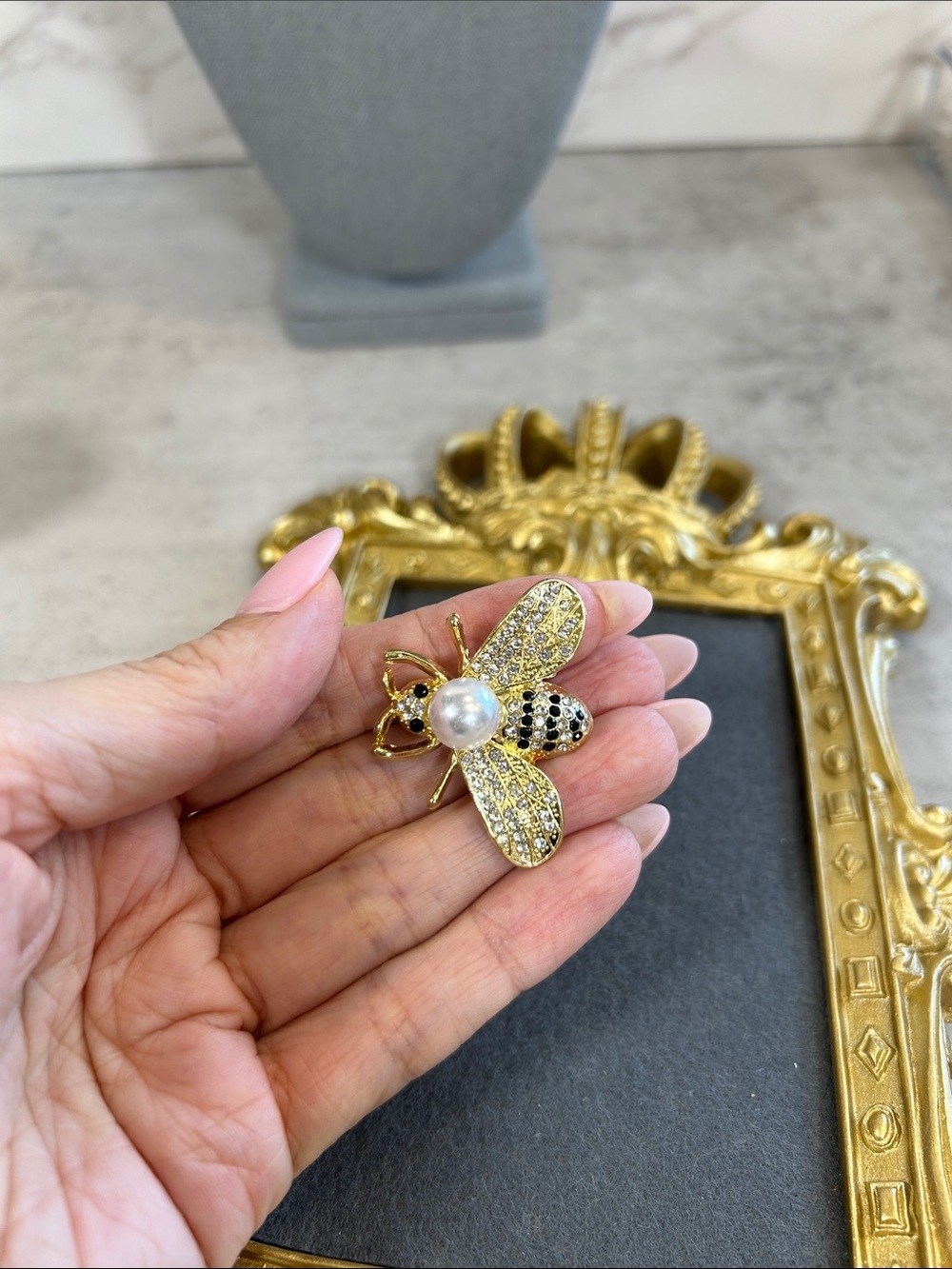 Gold Bee Brooch with Pearl and Black Crystal Accents